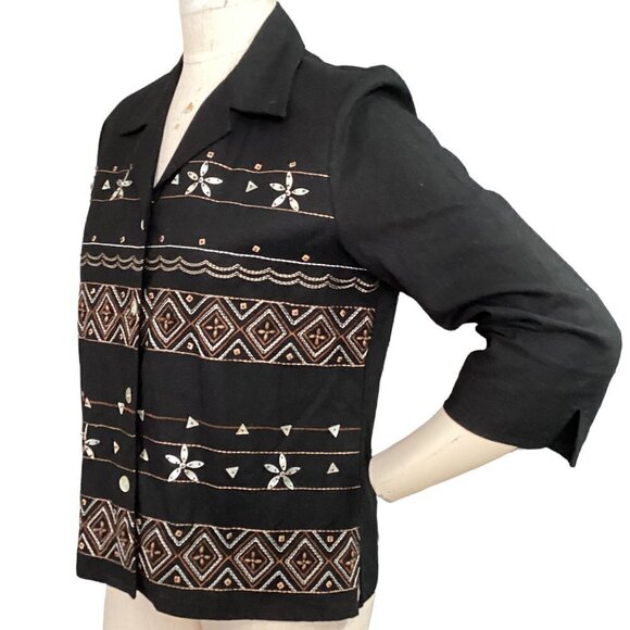 Alfred Dunner Petite 10P Linen Blend Shacket Beaded Embroidered Black 126K - Picture 1 of 7